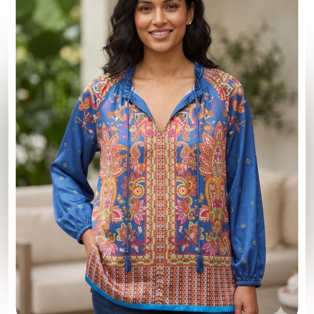 Current Air Blue Paisley Print Peasant Top with Multicolor Accents